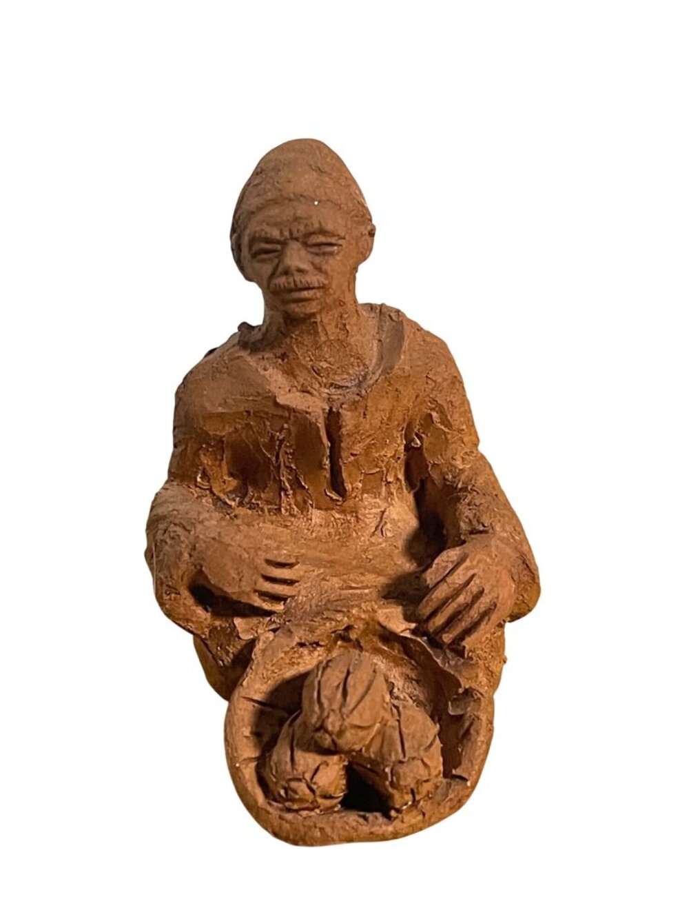 Small Vintage 1980s Terracotta Clay Figurine Of Seated Man  Basket Of Produce